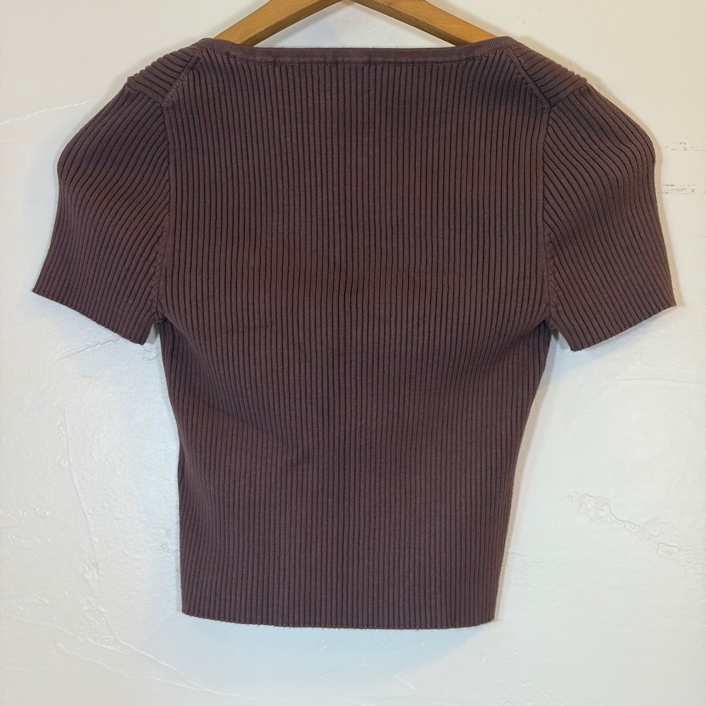 New Madewell Brown Ribbed Square Neck Short Sleeve Cropped T shirt Top Size S - Picture 3 of 6
